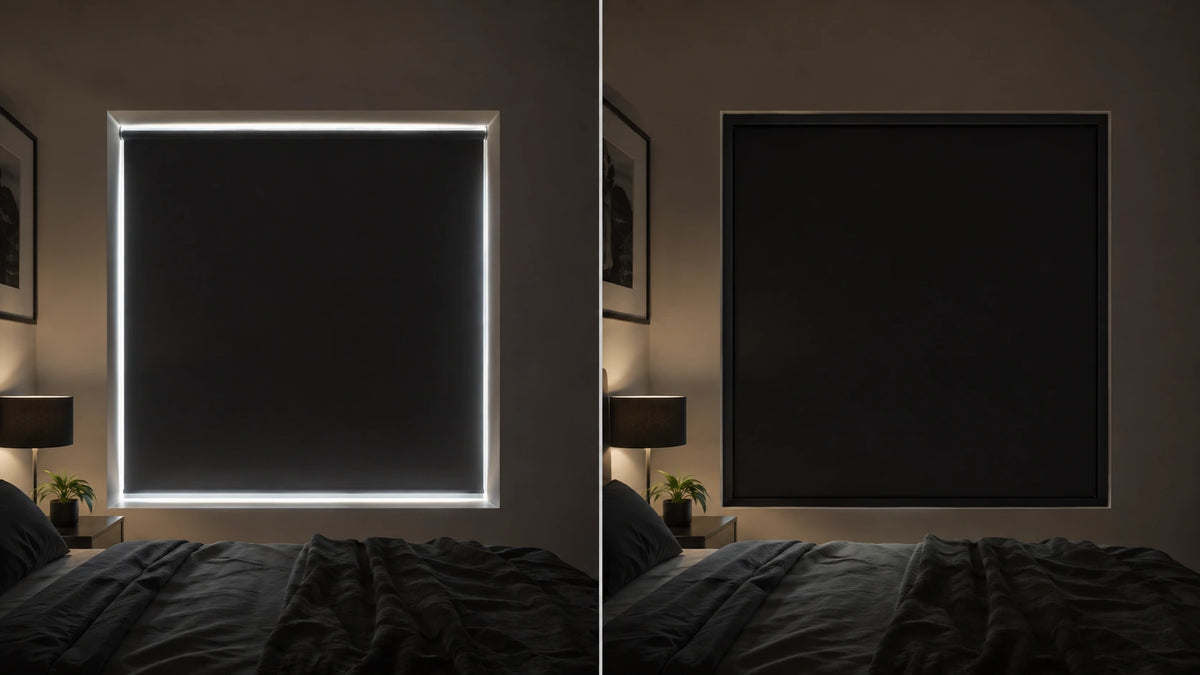 Two windows side by side: a conventional blackout roller glowing around its perimeter, and a fitted BLOCKER system with no visible edge light