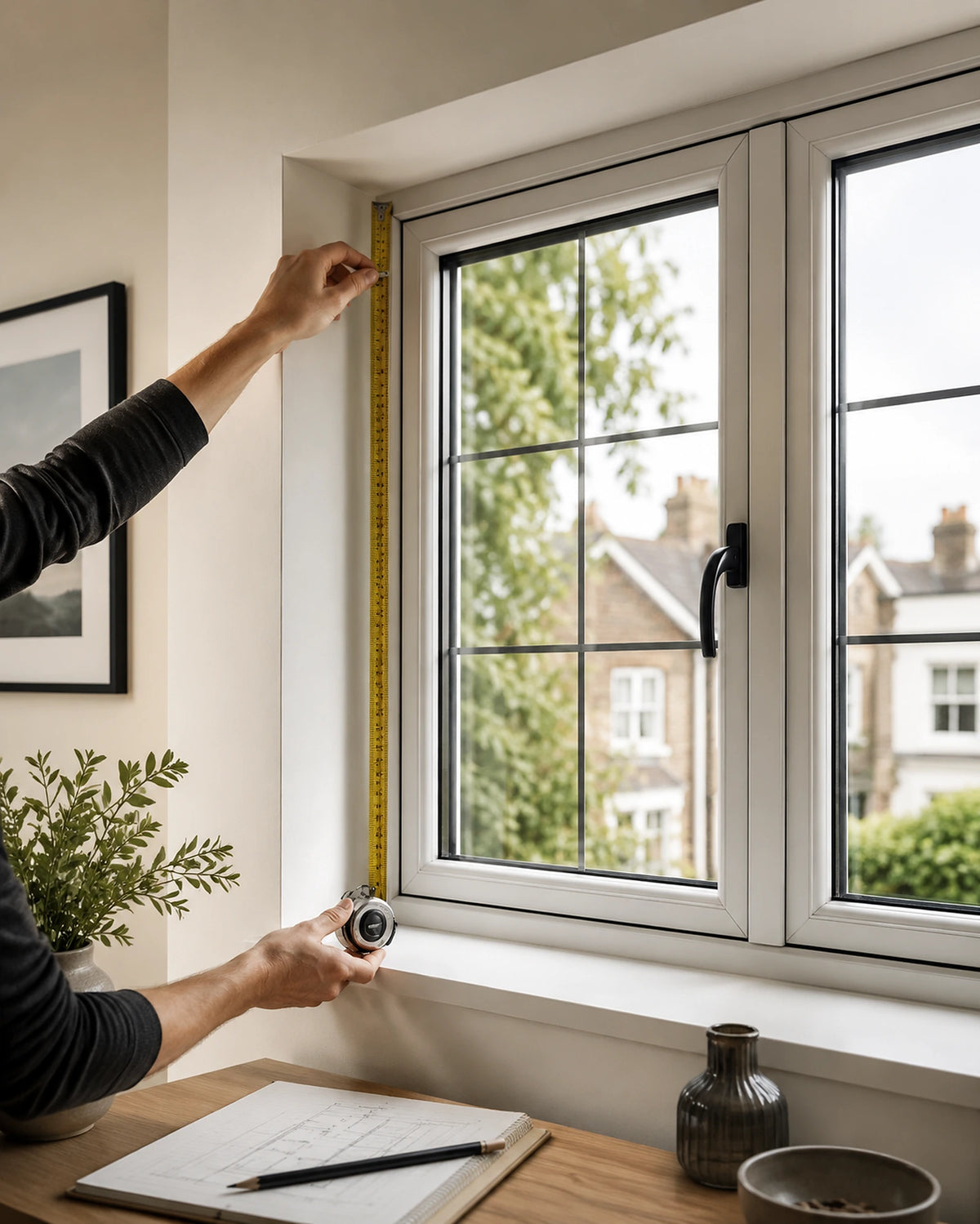 Measuring the internal recess of a UK window with a steel tape measure