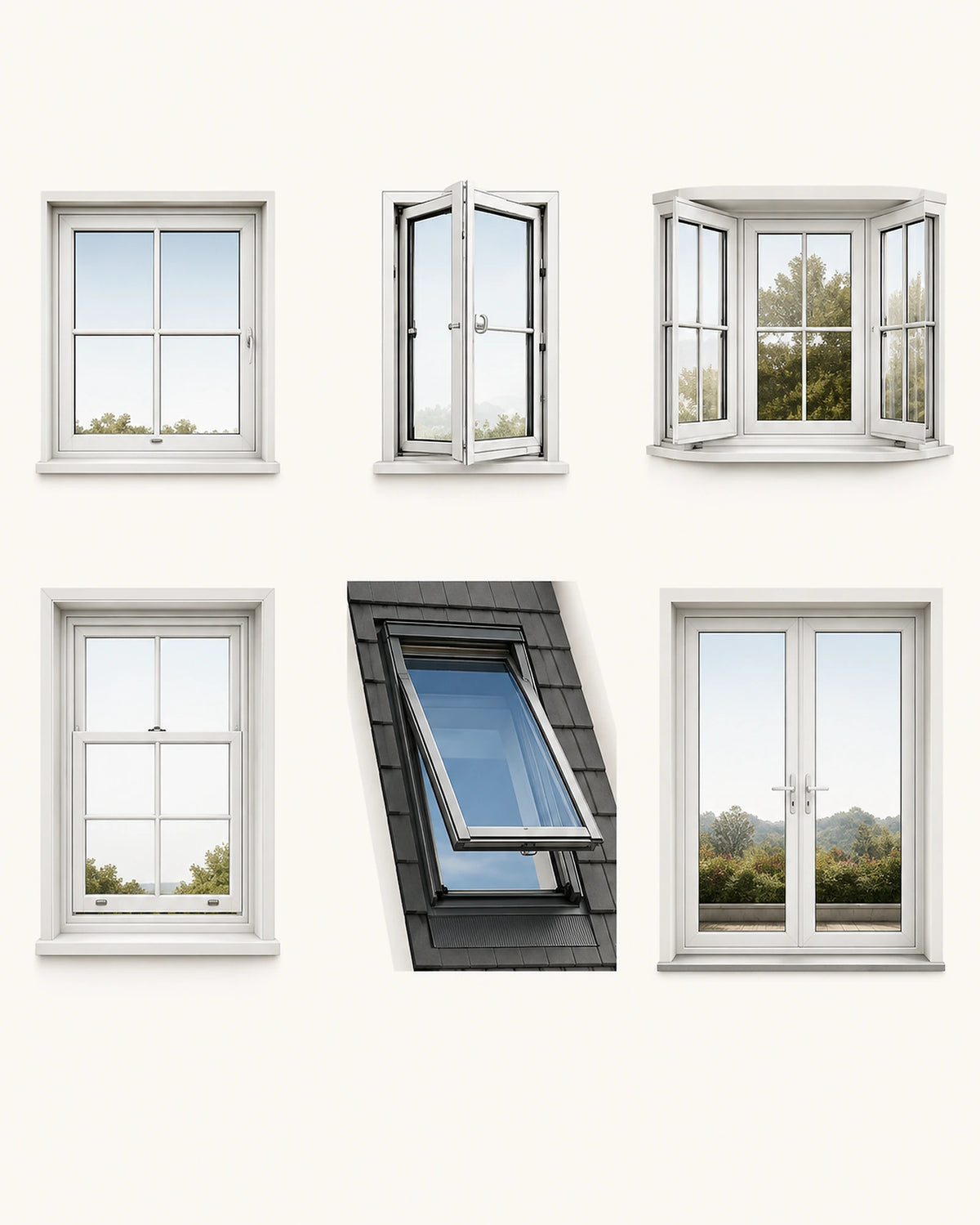 Common UK and European window styles including casement, tilt-and-turn, sash, bay, fixed and roof windows