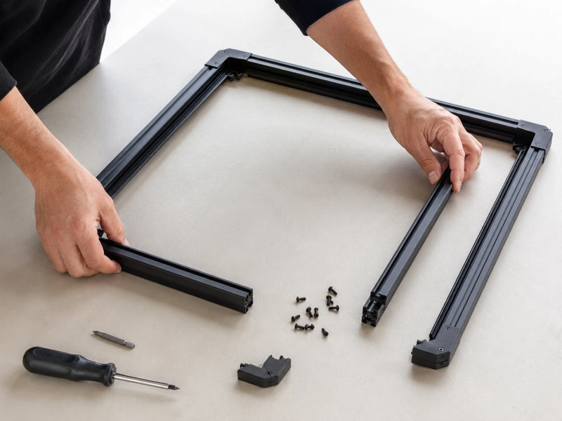 Assembling the dark perimeter frame of a made-to-measure blackout blind