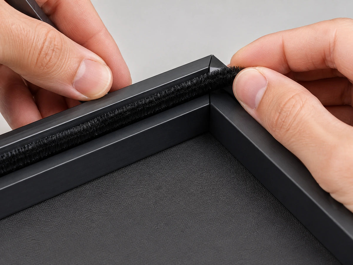 Fitting a black brush strip neatly around the corner of a blackout blind frame