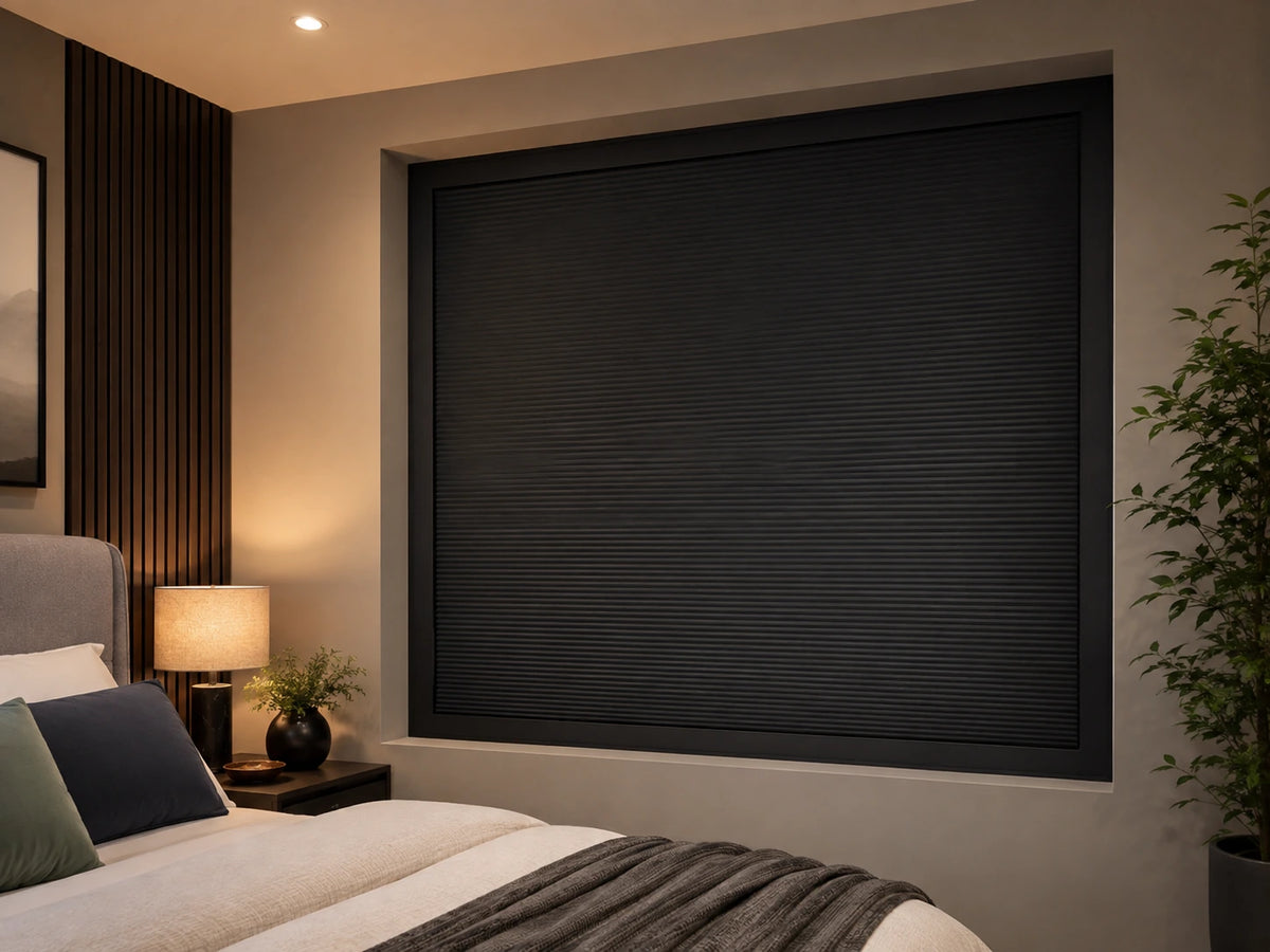 Finished dark blackout blind system fitted neatly inside a bedroom window recess