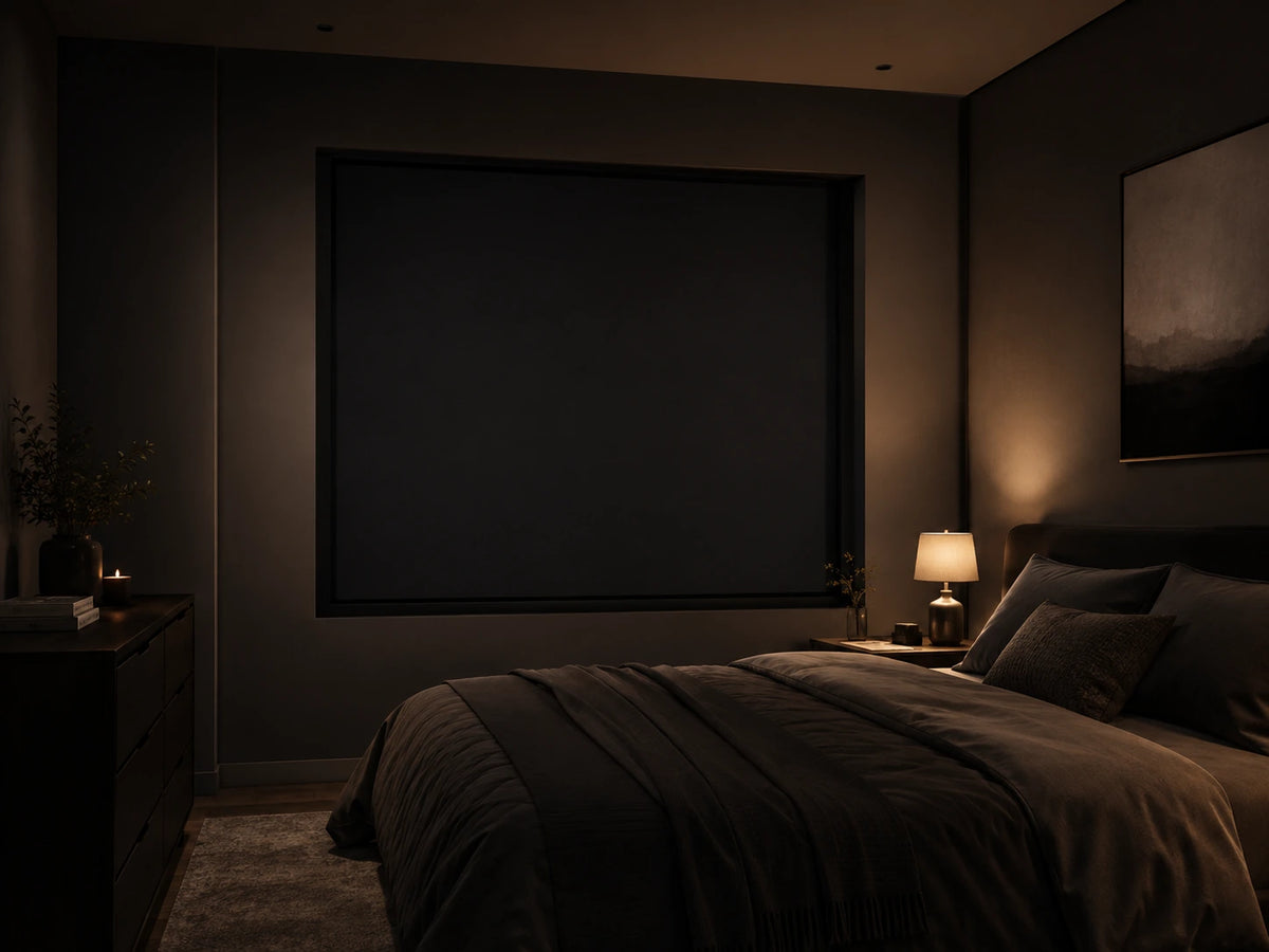 Dark bedroom with a fully closed BLOCKER blackout blind for light-sensitive sleepers