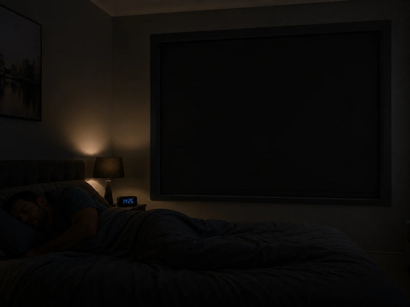 Shift worker sleeping in a dark bedroom with a fully closed BLOCKER blackout blind