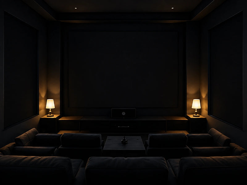 Dark home cinema with fully closed BLOCKER blackout blinds reducing unwanted window light