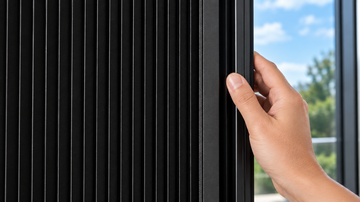 A hand moving the pull rod across the window